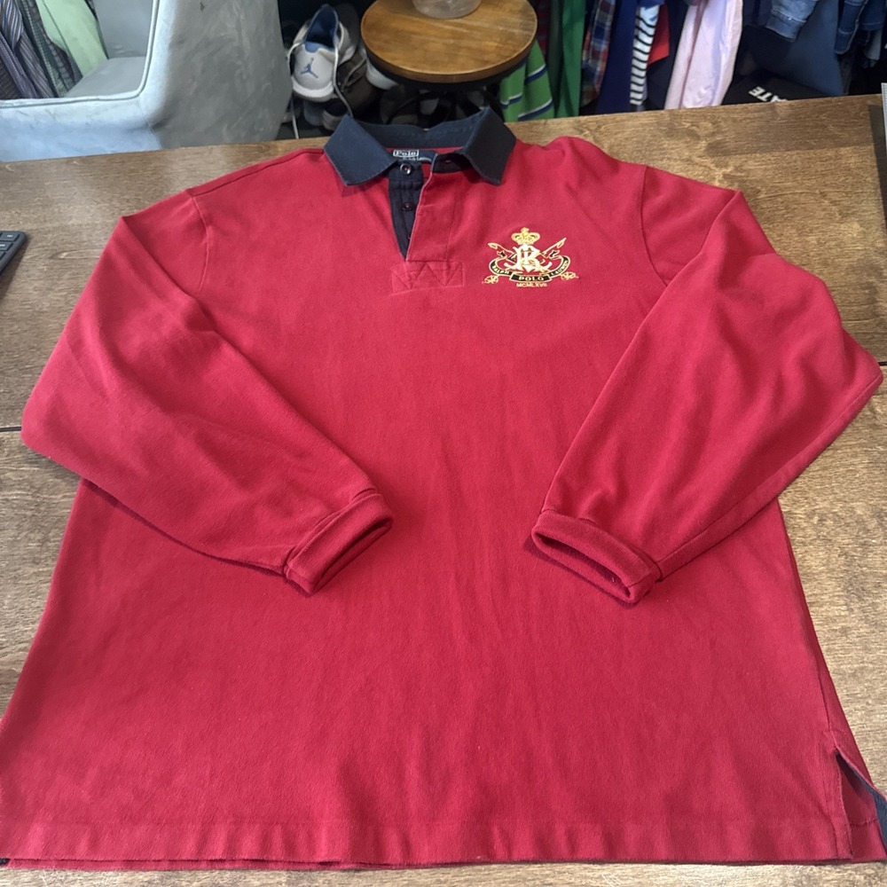 Polo Ralph Lauren Men's LS Rugby Knit Shirt with Crest Logo Red XLT Tall VTG